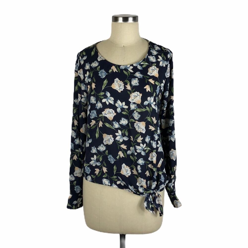 SOCIALITE Navy Blue Floral Front Tie Blouse S NWOT Preppy Chic Pastel